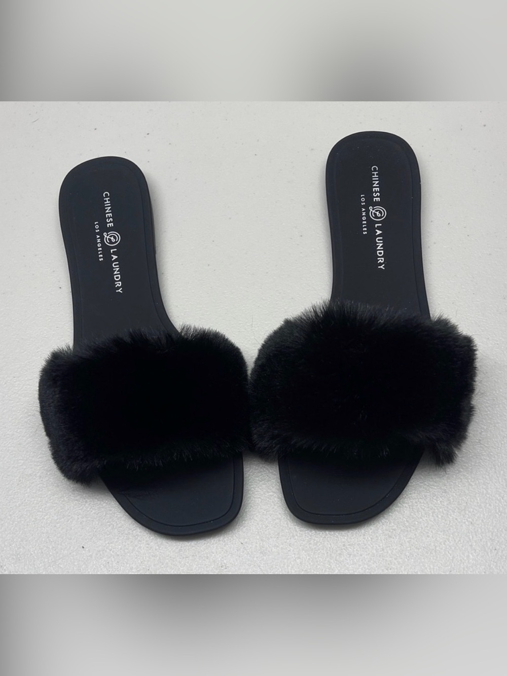 Chinese Laundry Black Faux Fur Slide Sandals